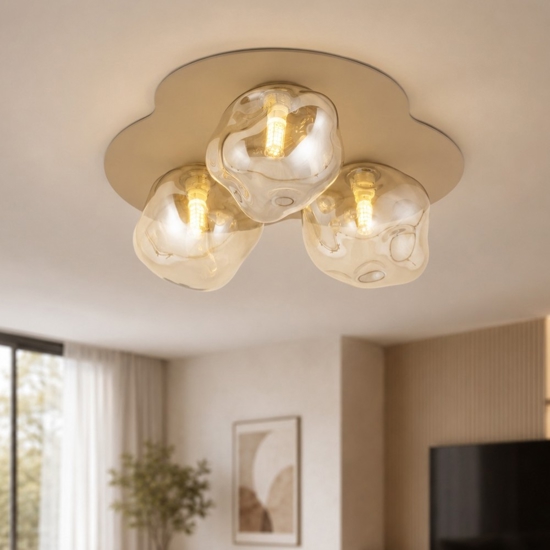 Plafoniera design moderna con 3 sfere in vetro cognac plasmato 